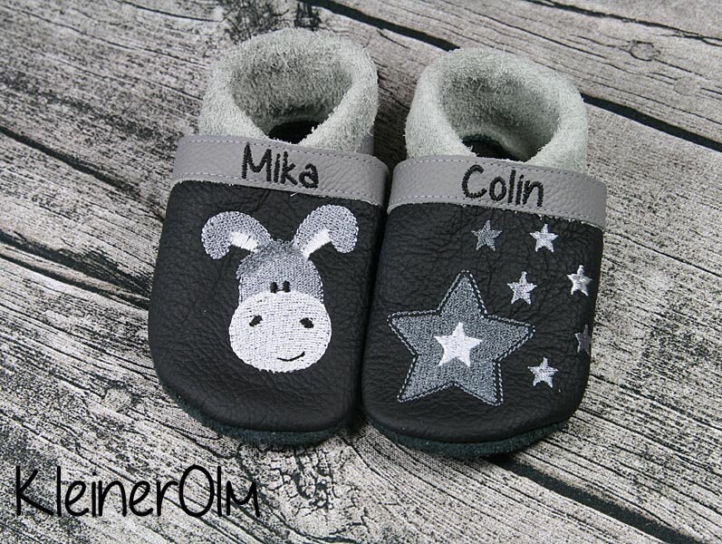 Krabbelpuschen Lederpuschen Babyschuhe Krabbelschuhe Esel Sterne von KleinerOlm