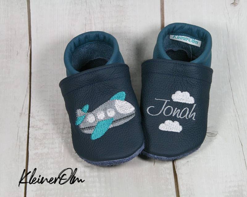 Krabbelpuschen Lederpuschen Babyschuhe Krabbelschuhe Flugzeug Wolke, Name von KleinerOlm
