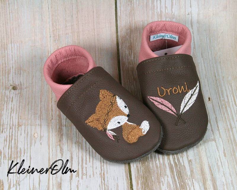 Krabbelpuschen Lederpuschen Babyschuhe Krabbelschuhe Fuchs Feder, Mit Namen von KleinerOlm