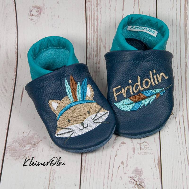 Krabbelpuschen Lederpuschen Babyschuhe Krabbelschuhe Fuchs Feder, Name von KleinerOlm