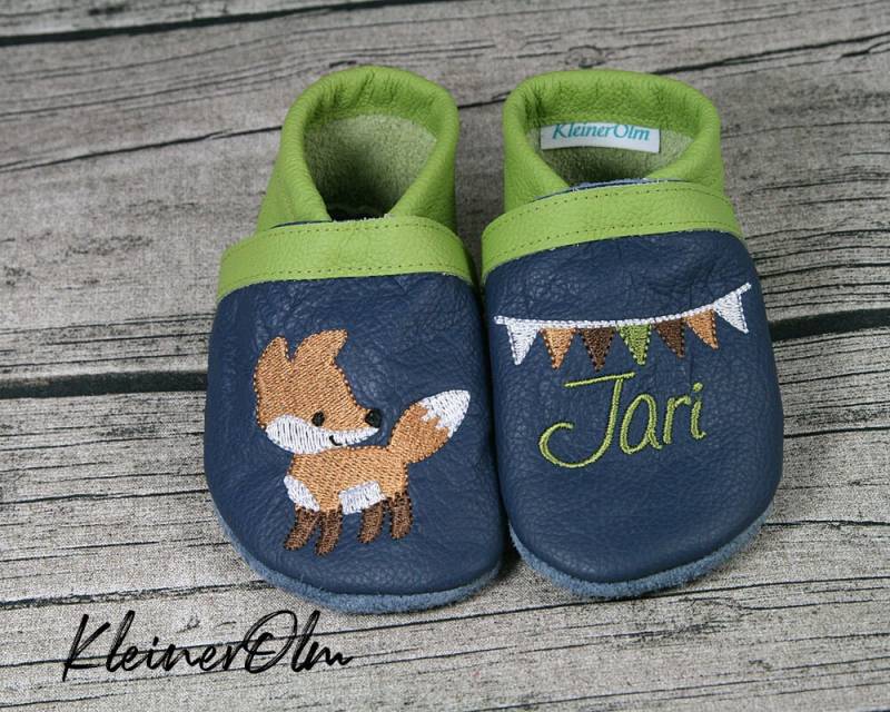 Krabbelpuschen Lederpuschen Babyschuhe Krabbelschuhe Fuchs Name, Wimpelkette von KleinerOlm