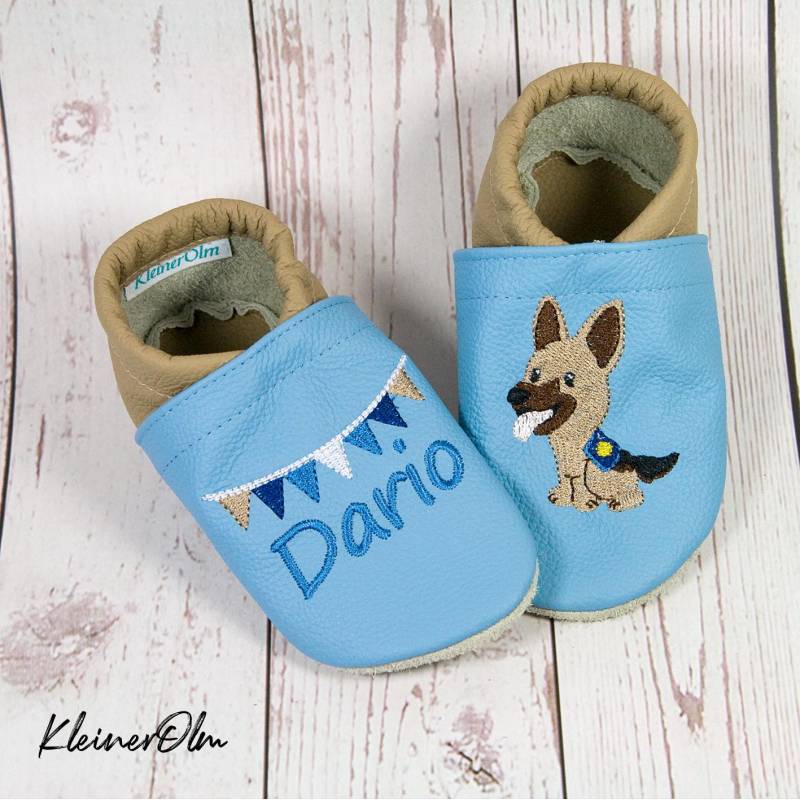 Krabbelpuschen Lederpuschen Babyschuhe Krabbelschuhe Hund Schäferhund von KleinerOlm