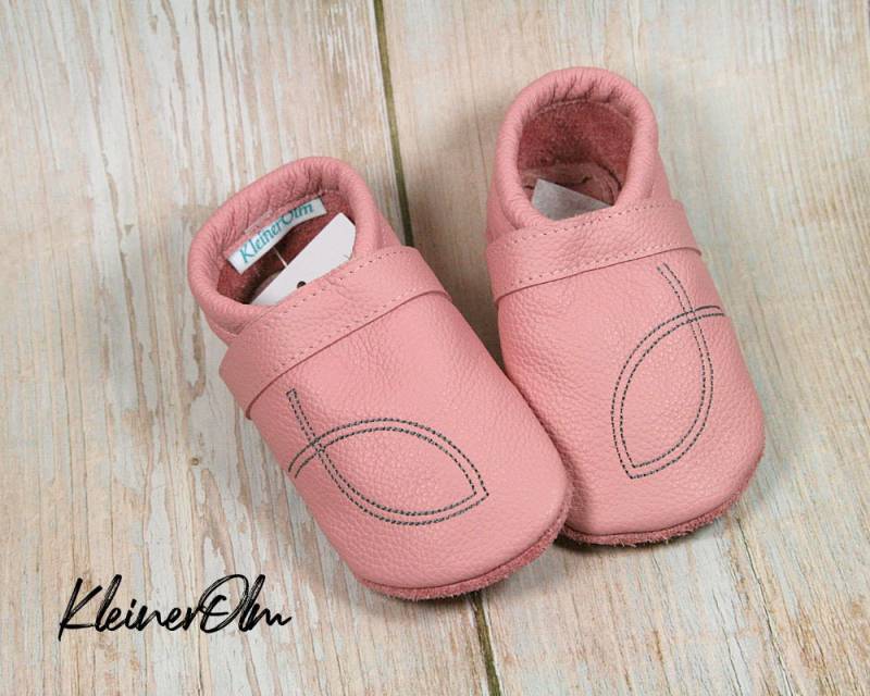 Krabbelpuschen Lederpuschen Babyschuhe Krabbelschuhe Ichtys Fisch, Kirche, Taufe, Taufschuh von KleinerOlm