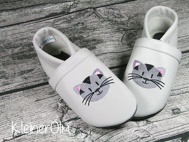 Krabbelpuschen Lederpuschen Babyschuhe Krabbelschuhe Katze von KleinerOlm