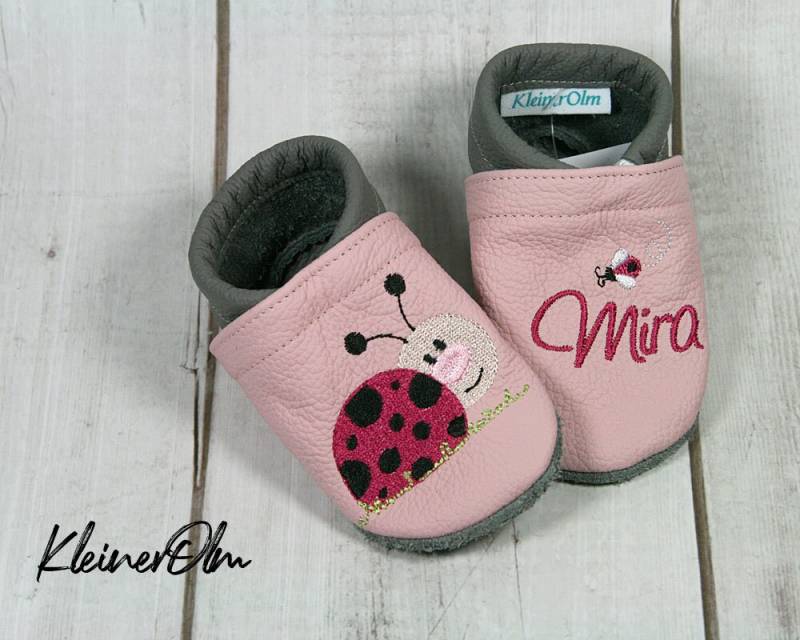 Krabbelpuschen Lederpuschen Babyschuhe Krabbelschuhe Marienkäfer Käfer, Name von KleinerOlm