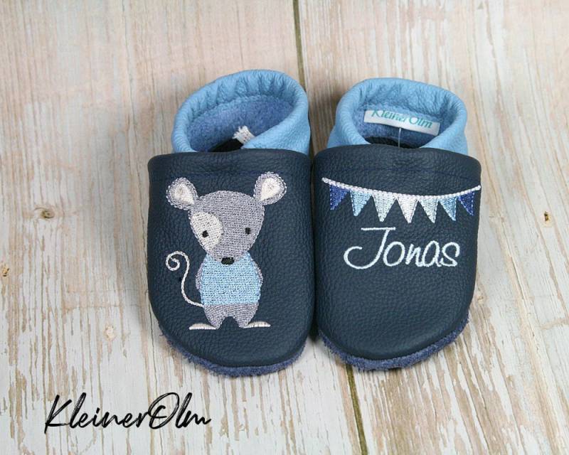 Krabbelpuschen Lederpuschen Babyschuhe Krabbelschuhe Maus von KleinerOlm