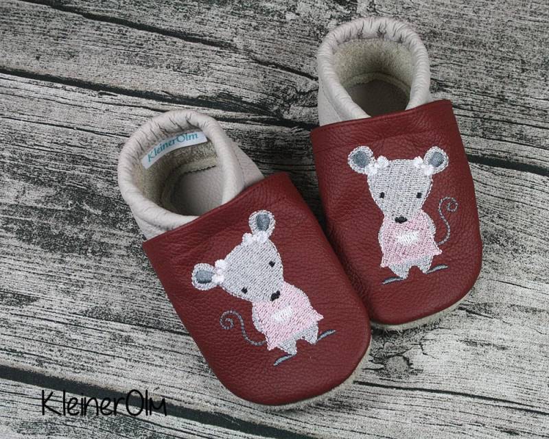 Krabbelpuschen Lederpuschen Babyschuhe Krabbelschuhe Maus von KleinerOlm