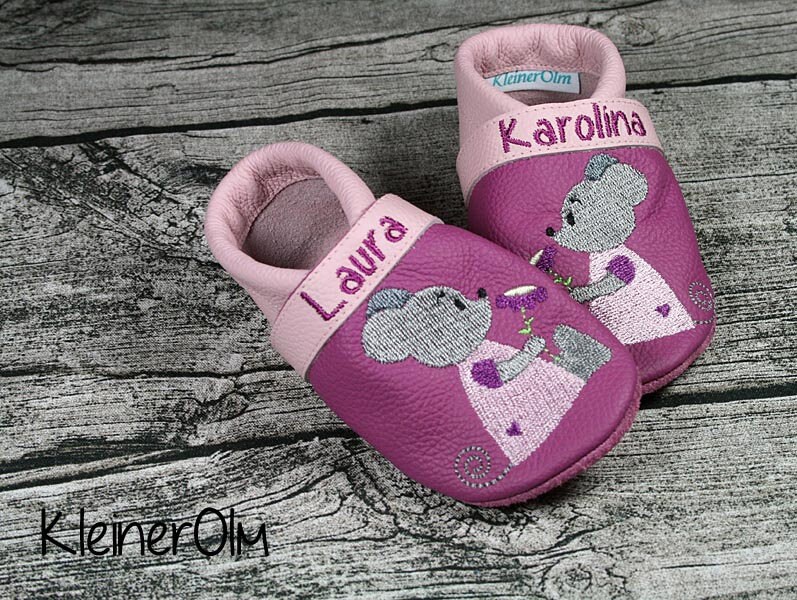 Krabbelpuschen Lederpuschen Babyschuhe Krabbelschuhe Maus von KleinerOlm