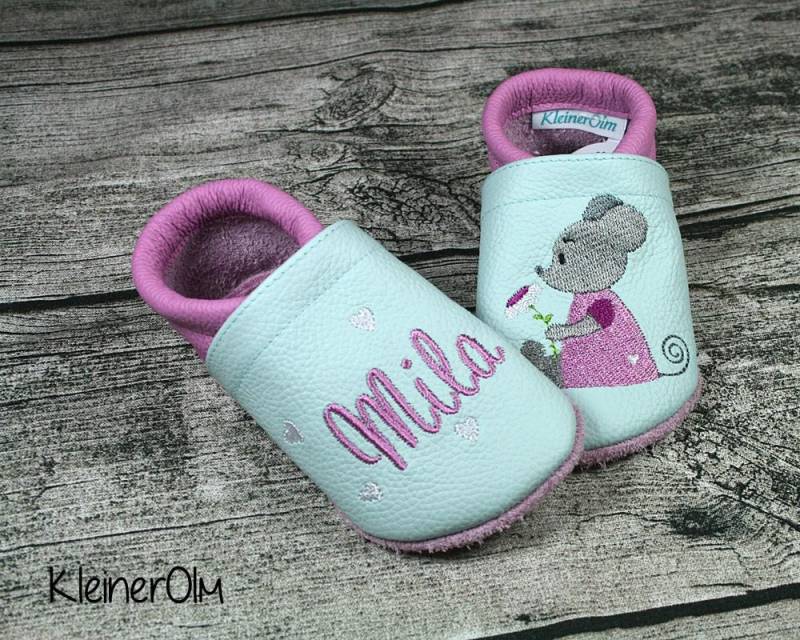 Krabbelpuschen Lederpuschen Babyschuhe Krabbelschuhe Maus von KleinerOlm
