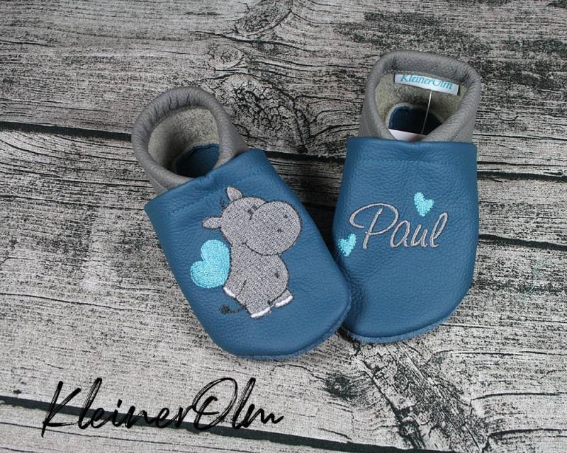Krabbelpuschen Lederpuschen Babyschuhe Krabbelschuhe Nilpferd Herz, Stern von KleinerOlm