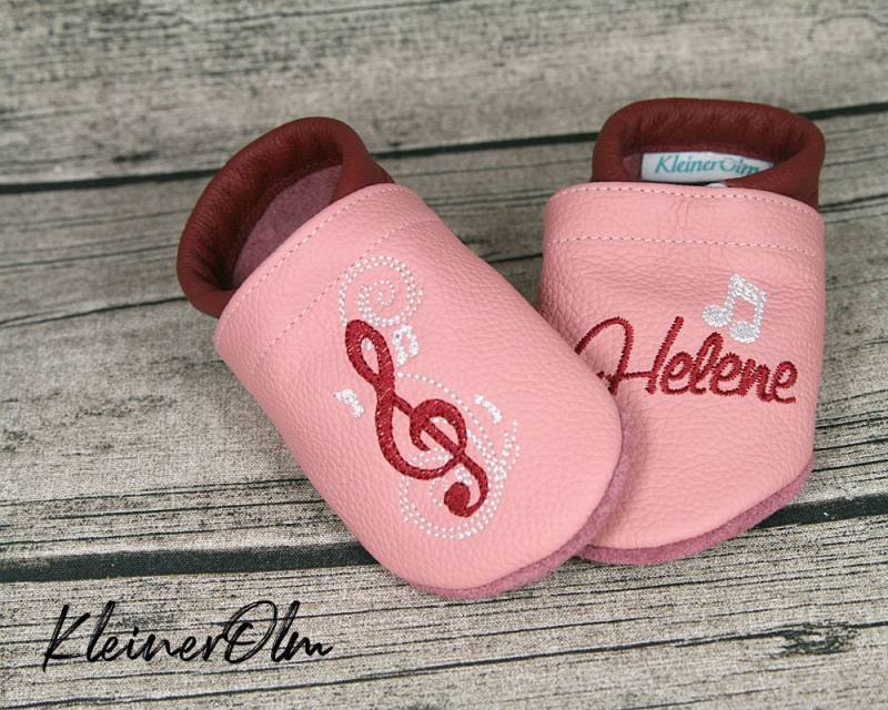 Krabbelpuschen Lederpuschen Babyschuhe Krabbelschuhe Note Musiknote, Name von KleinerOlm