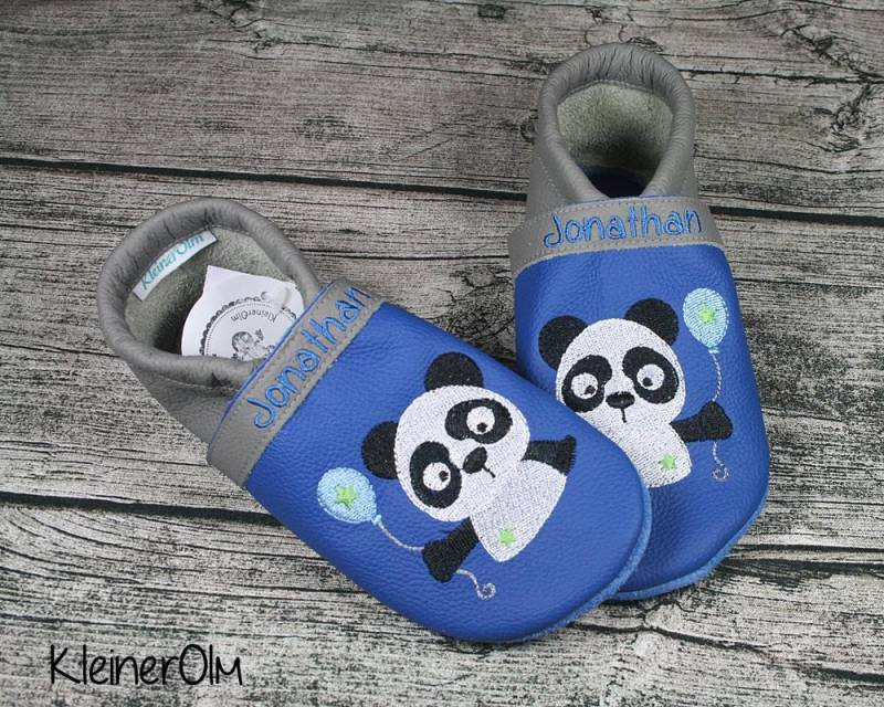 Krabbelpuschen Lederpuschen Babyschuhe Krabbelschuhe Panda von KleinerOlm