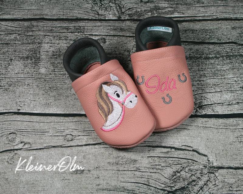Krabbelpuschen Lederpuschen Babyschuhe Krabbelschuhe Pferd Hufeisen von KleinerOlm
