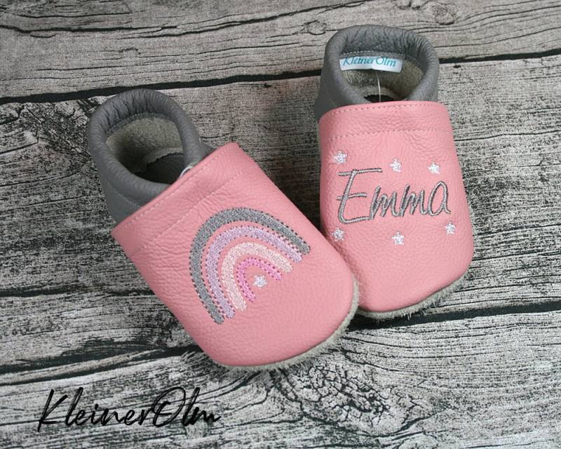 Krabbelpuschen Lederpuschen Babyschuhe Krabbelschuhe Regenbogen von KleinerOlm