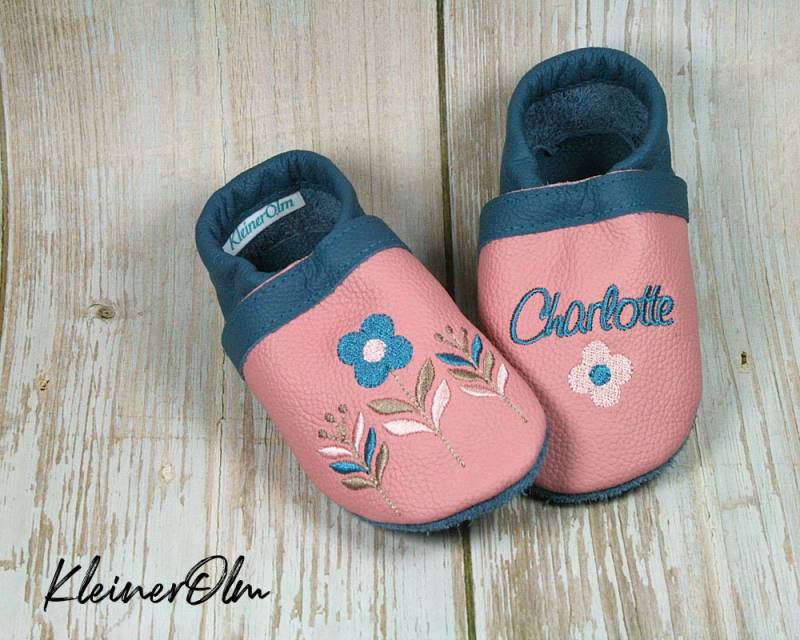 Krabbelpuschen Lederpuschen Babyschuhe Krabbelschuhe Retro Blumen, Name von KleinerOlm