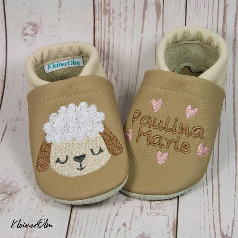 Krabbelpuschen Lederpuschen Babyschuhe Krabbelschuhe Schaf Schafkopf Lamm von KleinerOlm