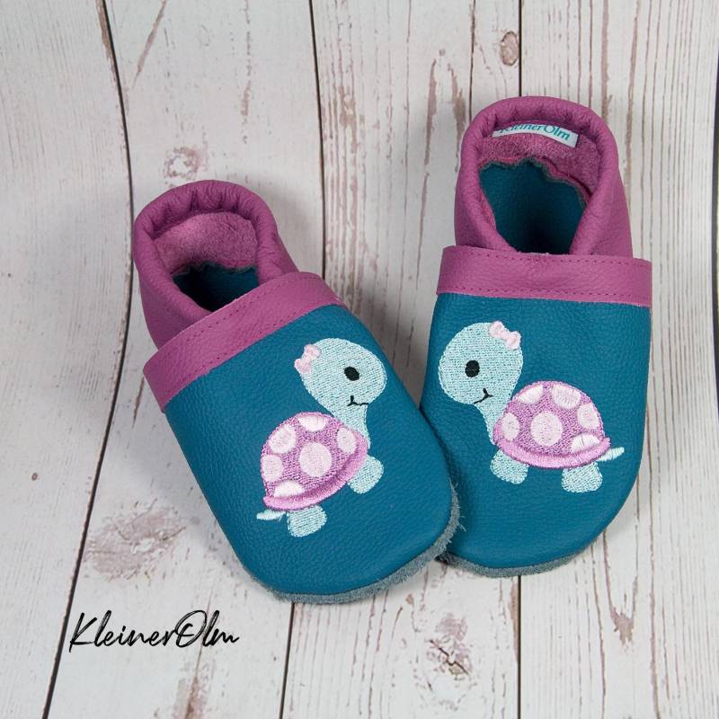 Krabbelpuschen Lederpuschen Babyschuhe Krabbelschuhe Schildkröte von KleinerOlm