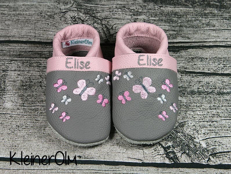Krabbelpuschen Lederpuschen Babyschuhe Krabbelschuhe Schmetterling von KleinerOlm