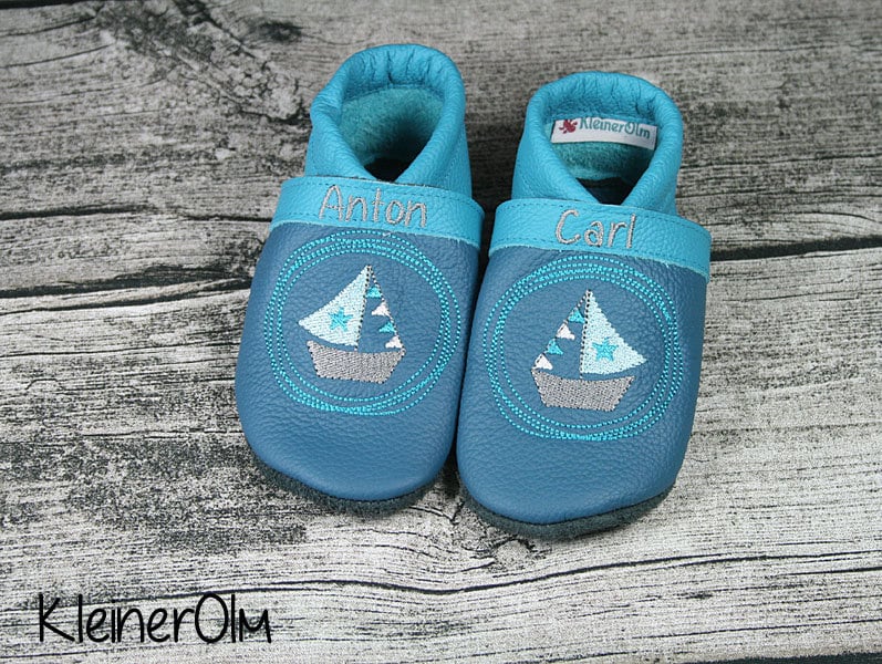 Krabbelpuschen Lederpuschen Babyschuhe Krabbelschuhe Segelschiff Schiff von KleinerOlm