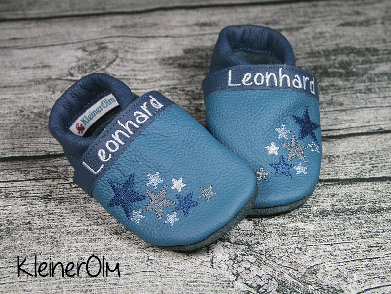 Krabbelpuschen Lederpuschen Babyschuhe Krabbelschuhe Sterne von KleinerOlm
