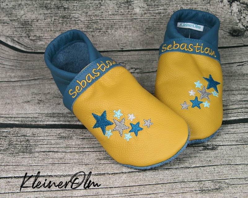 Krabbelpuschen Lederpuschen Babyschuhe Krabbelschuhe Sterne von KleinerOlm