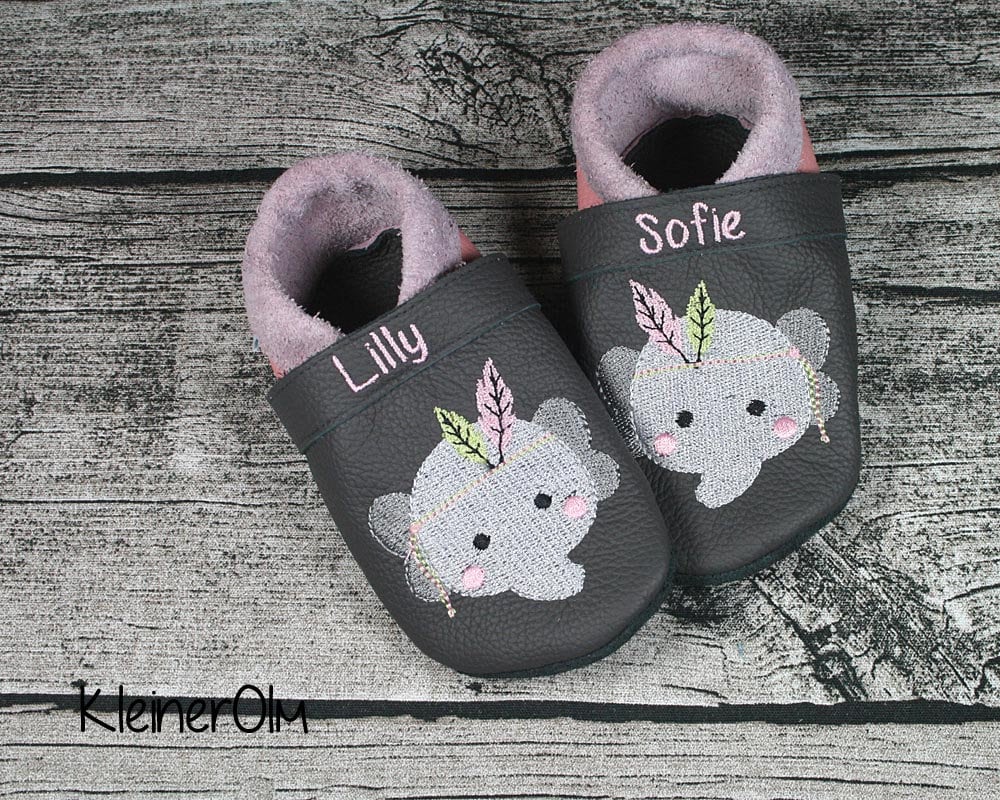 Krabbelpuschen Lederpuschen Krabbelschuhe Elefant von KleinerOlm