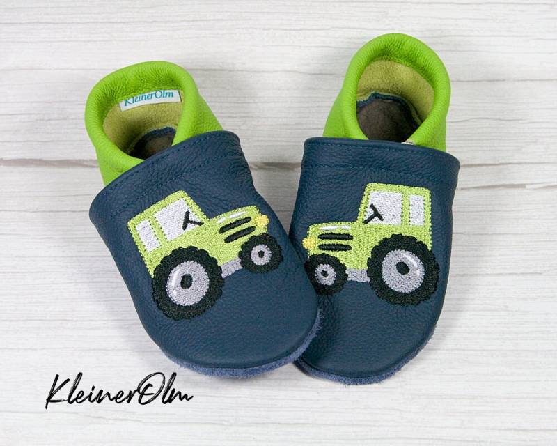 Krabbelpuschen Lederpuschen Krabbelschuhe Mit Trecker - Traktor Geschenkidee von KleinerOlm