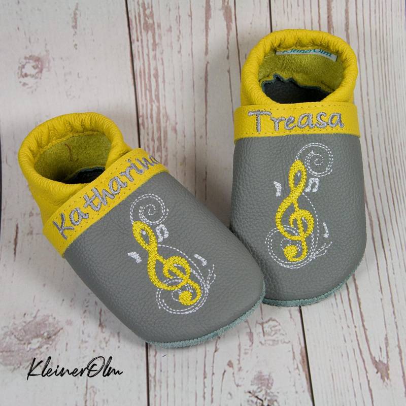 Krabbelpuschen Lederpuschen Krabbelschuhe Notenschlüssel von KleinerOlm