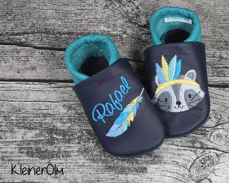 Krabbelpuschen Lederpuschen Krabbelschuhe Waschbär von KleinerOlm