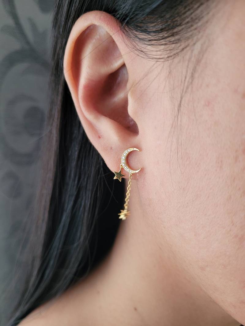 Goldene Mond Ohrstecker Mit Stern Und Zirkon Reinen Steinen Ohrringe 2 Stück Für Beide Seiten Vergoldet18K Aus Silber925 +Geschenkverpackung von KleinerSuessling