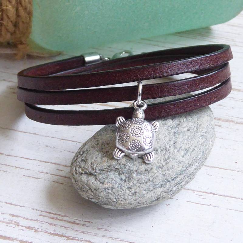 Wickelarmband 3 ~ Schildkröte Zamak Versilbert Surfer Unisex Lederschmuck von KleinerTruhenschatz