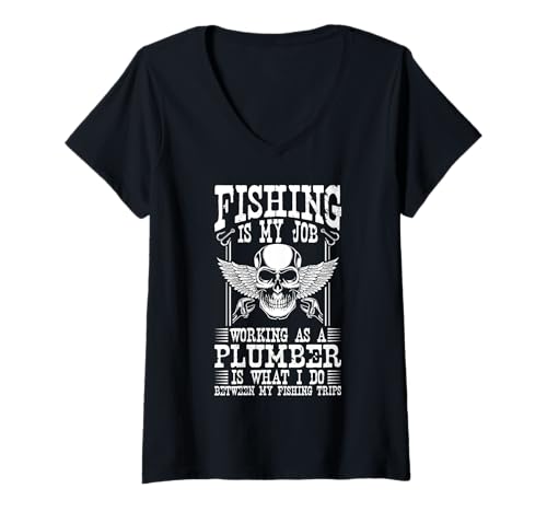 Damen Angeln Ist Mein Job Klempner Bin Ich Zwischen Angeltouren T-Shirt mit V-Ausschnitt Damen Angeln Ist Mein Job Klempner Bin Ich Zwischen Angeltouren T-Shirt mit V-Ausschnitt von Klempner Installateur Rohrverlegung Sanitär