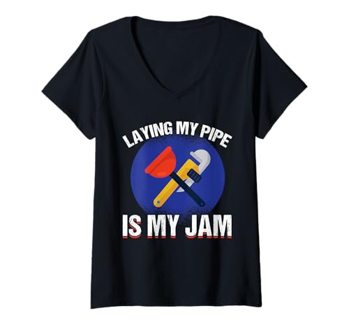 Damen Klempner Laying My Pipe is My Jam Sanitär T-Shirt mit V-Ausschnitt Damen Klempner Laying My Pipe is My Jam Sanitär T-Shirt mit V-Ausschnitt von Klempner Installateur Rohrverlegung Sanitär