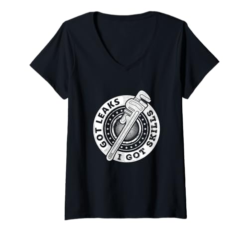 Damen Got Leaks I Got Skills Funny Plum Funny Plumber Humor Repair T-Shirt mit V-Ausschnitt von Klempnerhumor für Rohrreparaturklumpen