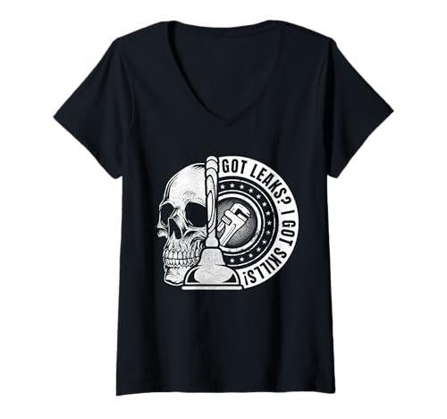 Damen Got Leaks I Got Skills Funny Plum Funny Plumber Humor Repair T-Shirt mit V-Ausschnitt von Klempnerhumor für Rohrreparaturklumpen