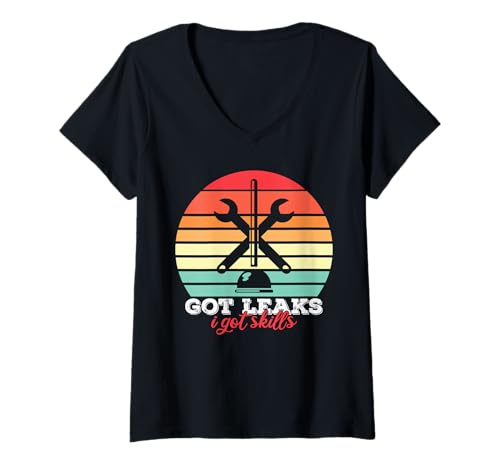 Damen Got Leaks I Got Skills Funny Plumber Humor Repair T-Shirt mit V-Ausschnitt von Klempnerhumor für Rohrreparaturklumpen