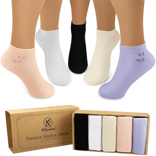 5 Paar Bambussocken für Damen No-show Sneaker Socken, Sportsocken aus Bambus mit Komfort-Bund, glatten Zehennähten und umweltfreundlicher Verpackung, atmungsaktiv, EU-Größe 37–41, 5er-Set von Klenton