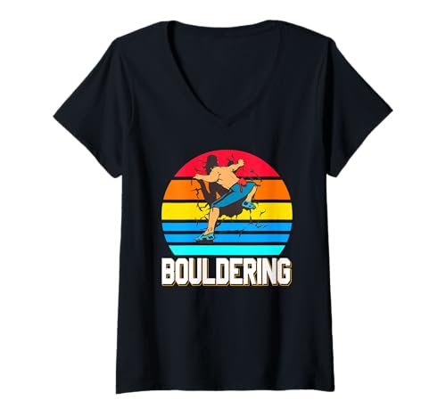 Damen Retro Bouldern Wand Durchbruch Kletter Szene T-Shirt mit V-Ausschnitt Damen Retro Bouldern Wand Durchbruch Kletter Szene T-Shirt mit V-Ausschnitt von Kletterhalle Boulder Chalk Krafteinsteiger