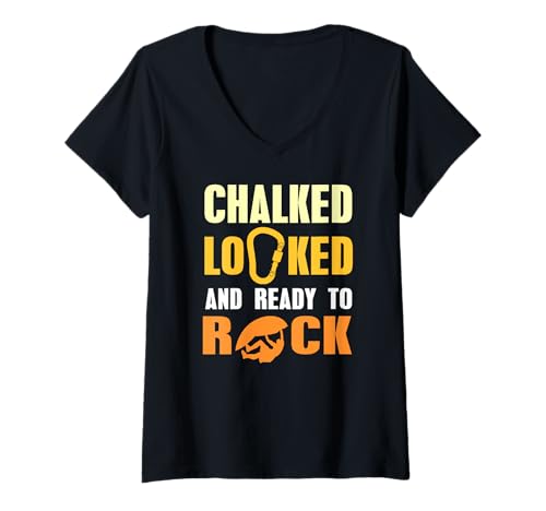 Damen Gechalkt, gesichert, bereit für den Fels Spruch T-Shirt mit V-Ausschnitt Damen Gechalkt, gesichert, bereit für den Fels Spruch T-Shirt mit V-Ausschnitt von Klettern Indoor Outdoor Spaß für Sportfreunde