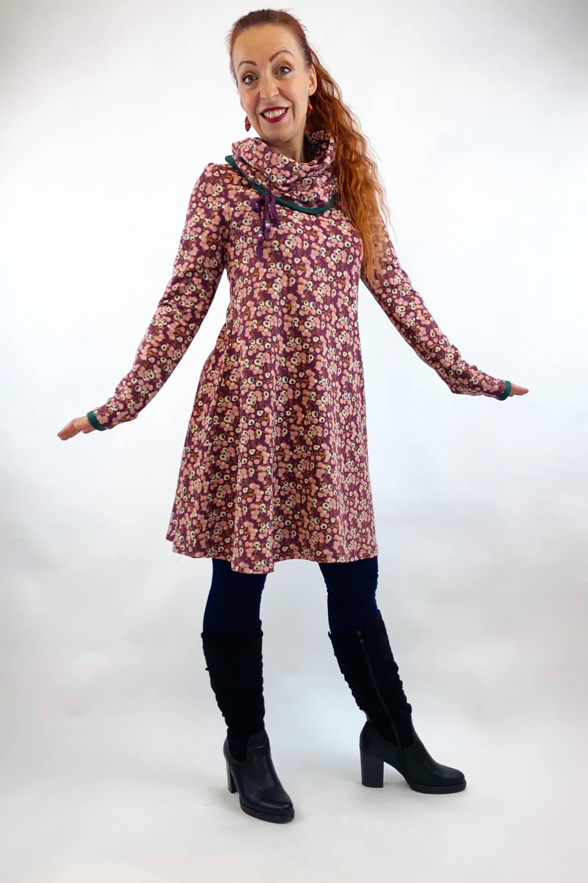 Kleid "Hanna" Tupfen Lila Grün Rosa, Damenkleid Langarm Mit Xl Kuschelkragen, A-Linie, Winterkleid, Fairfashion, Handmade With Love von Klimbimbina