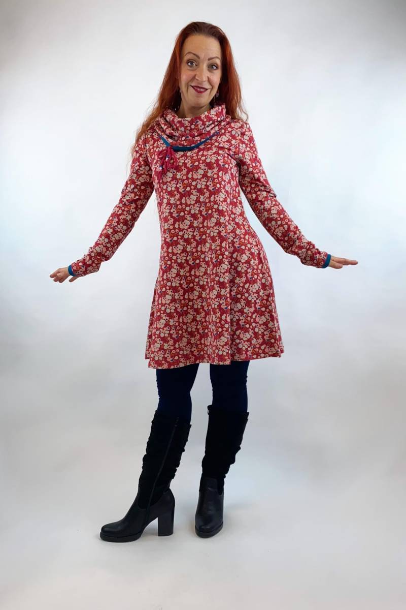 Kleid "Hanna" Tupfen Rot Blau Rosa, Damenkleid Langarm Mit Xl Kuschelkragen, A-Linie, Winterkleid, Fairfashion, Handmade With Love von Klimbimbina