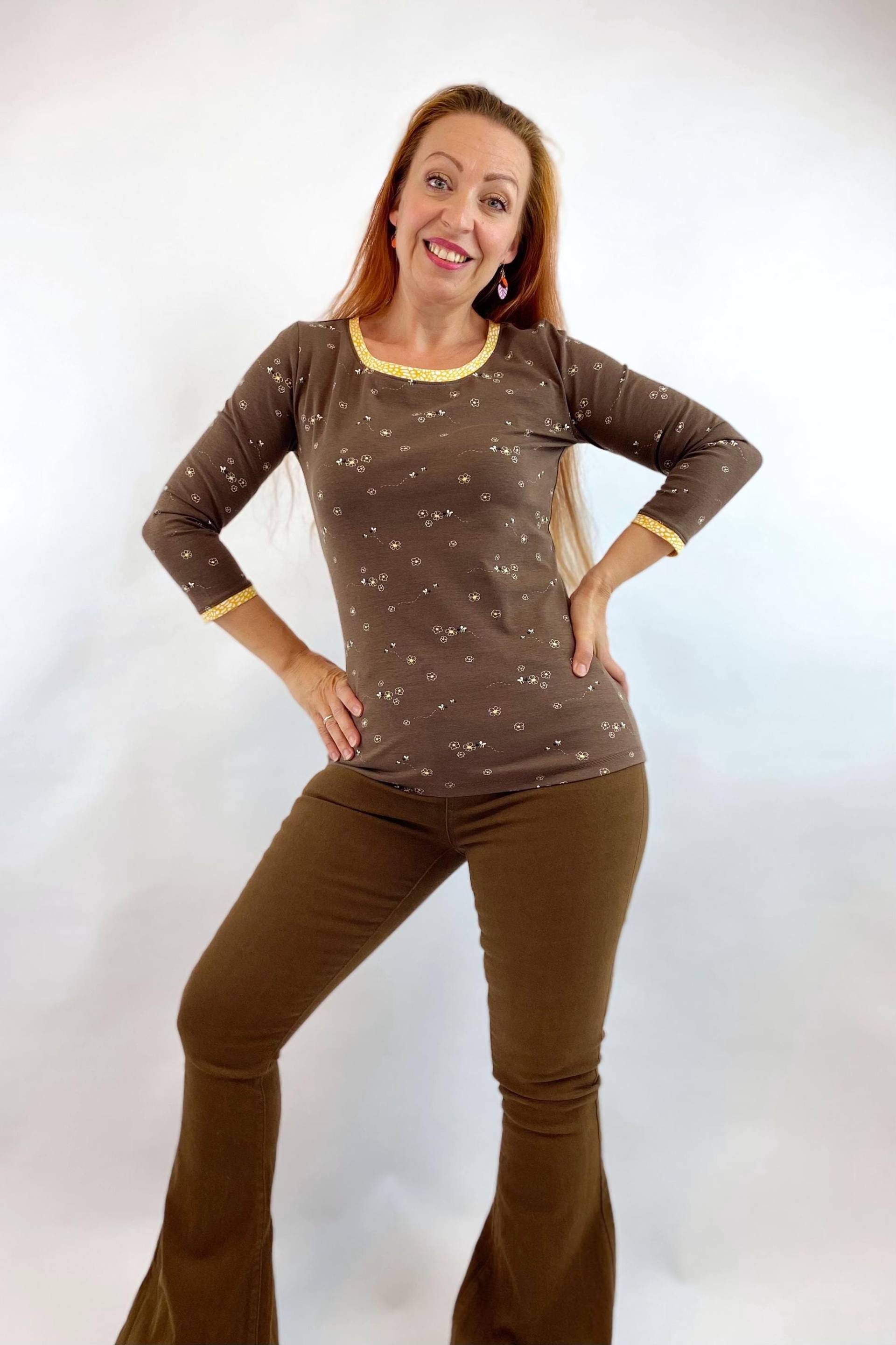 Shirt "Lena" Bienen Und Blümchen Braun Gelb, Damen Herbst 3/4 Arm, Bequemer Basic Schnitt, Fairfashion, Handmade With Love von Klimbimbina