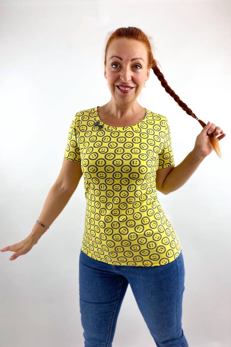 Shirt "Lena" Smile Gelb Kurzarm, Einzelstück Gr. 36, Damen Sommershirt Bequem, Basicshirt, Fairfashion, Handmade With Love von Klimbimbina