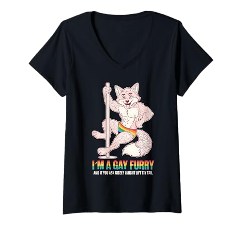 Damen Ich Bin EIN SchwulerFuchs Und Wenn Du Gut Fragst, Könnte Ich T-Shirt mit V-Ausschnitt von Klingt Schwulem Humor Pelzig
