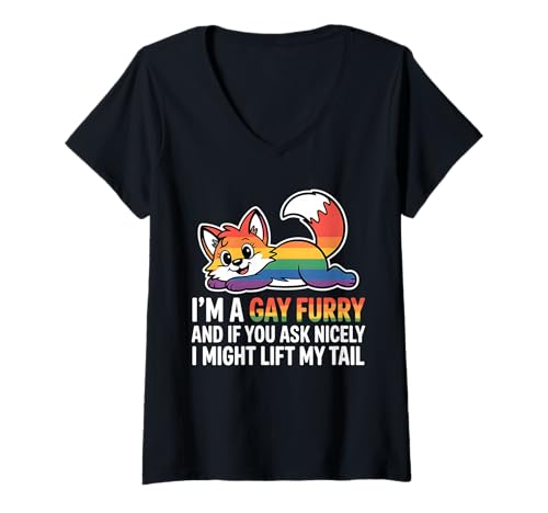 Damen Ich Bin EIN SchwulerFuchs Und Wenn Du Gut Fragst, Könnte Ich T-Shirt mit V-Ausschnitt von Klingt Schwulem Humor Pelzig