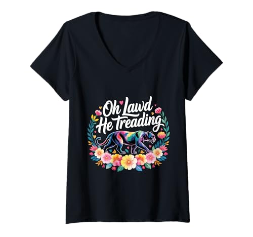 Damen Oh Lawd He Treading Fat Cat Walking Cute Meme - T-Shirt mit V-Ausschnitt Damen Oh Lawd He Treading Fat Cat Walking Cute Meme - T-Shirt mit V-Ausschnitt von Klobiger Katzen -Katzenliebhaber Humor