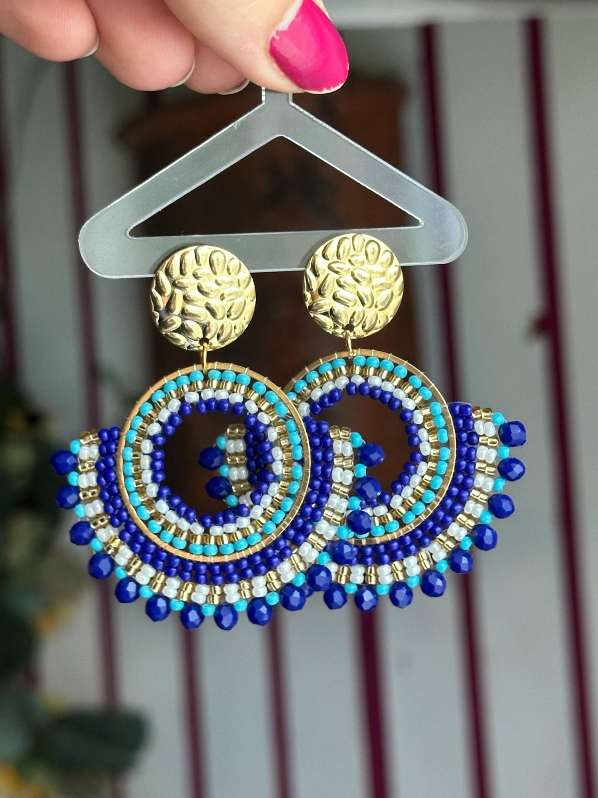 Valeria || Edelstahl Ohrringe Blau, Perlenohrring Gold, Blaue Groß, Glasperlen, Boho Perlenschmuck Blau von KlunkerJewelryDE