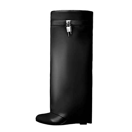 Kluolandi Damen Kniehohe Stiefel mit Metall-Vorhängeschloss überzogener Keilabsatz breite Wade Schlupfstiefel, Schwarz, 41 EU Kluolandi Damen Kniehohe Stiefel mit Metall-Vorhängeschloss überzogener Keilabsatz breite Wade Schlupfstiefel, Schwarz, 41 EU von Kluolandi