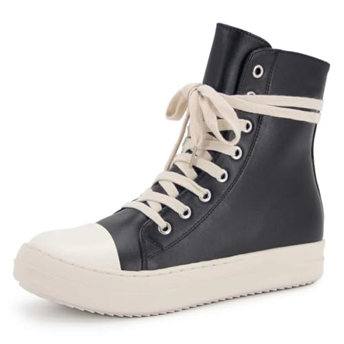 Kluolandi Damen High Top Sneakers Schnürschuhe Canvas Schuhe mit Reißverschluss Komfort Plattform Walking Schuhe in Schwarz und Weiß, Schwarz (Black Pu), 42 EU von Kluolandi