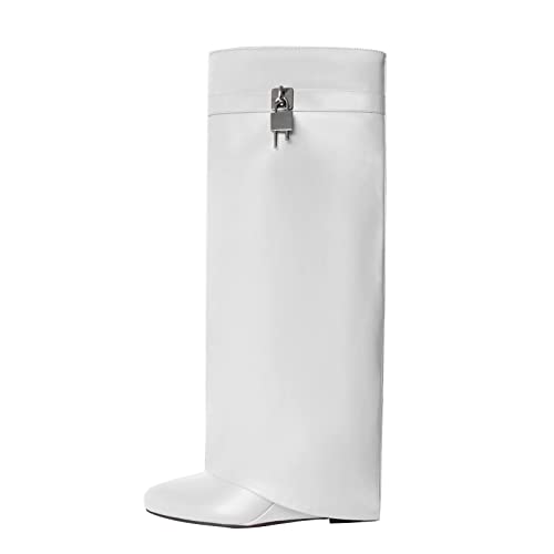 Kluolandi Damen Kniehohe Stiefel mit Metall-Vorhängeschloss überzogener Keilabsatz breite Wade Schlupfstiefel, Weiss/opulenter Garten, 37 EU von Kluolandi